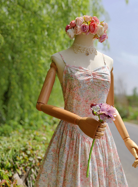 兔子大人｜手作服 vintage法式复古蓝色奶油大花桃心领背心连衣裙