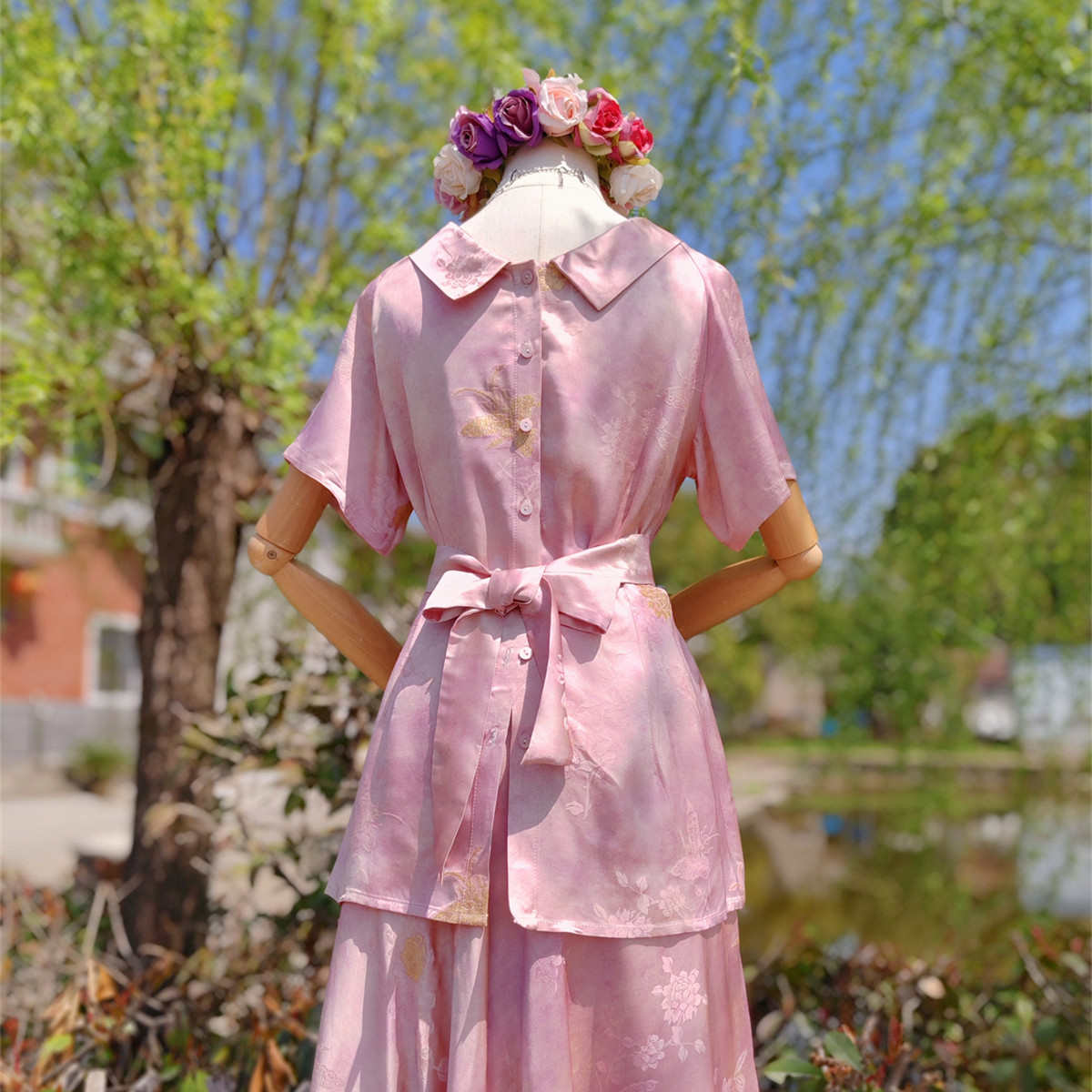 兔子大人｜手作服 vintage法式复古滚边领衬衫 松紧腰半身裙 套装