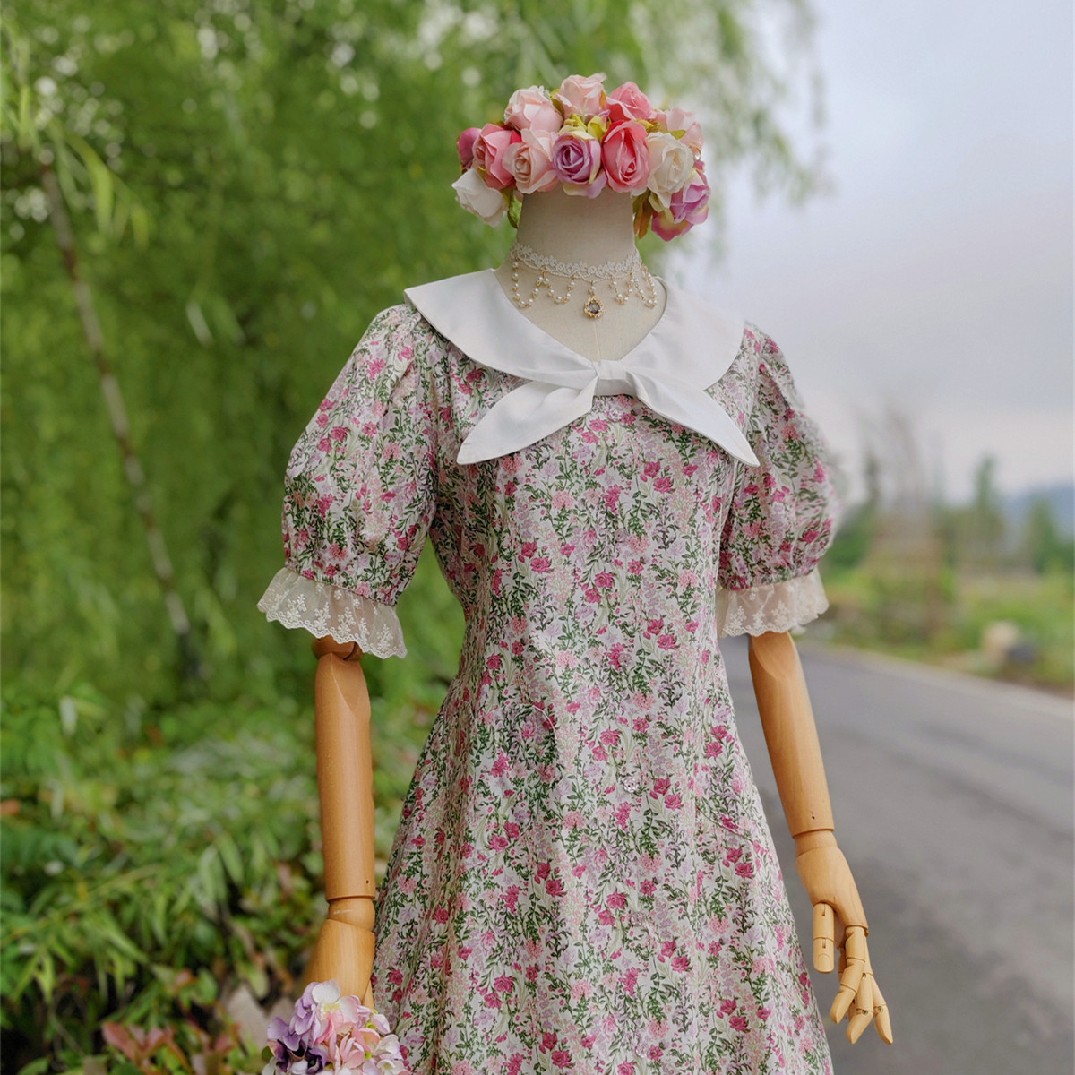 兔子大人|手作服 可爱兔耳朵白领子甜美碎花爱心口袋短袖连衣裙