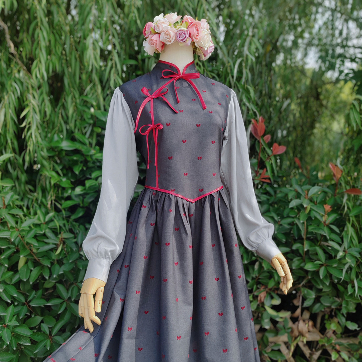 兔子大人｜手作服 秋冬 新中式旗袍领红色蝴蝶结假两件连衣裙加厚