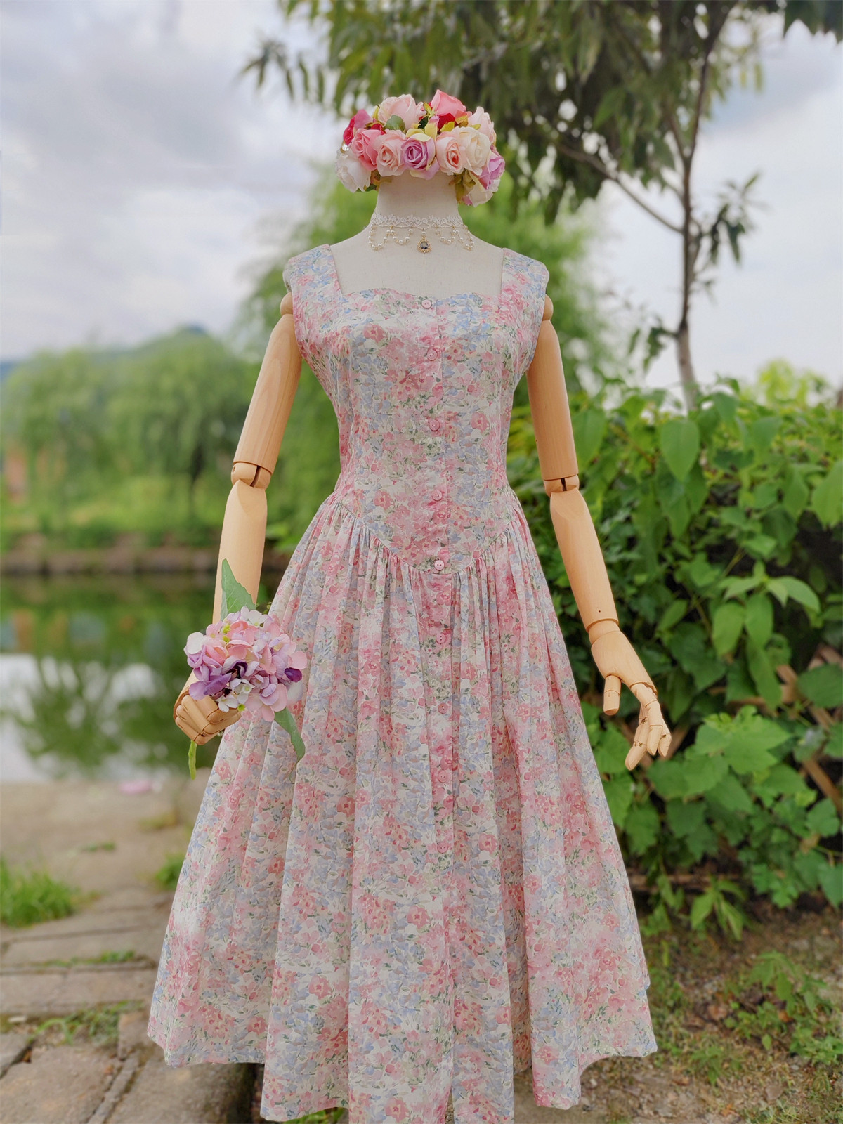兔子大人|手作服 vintage甜美粉色方领全开扣公主腰背心连衣裙