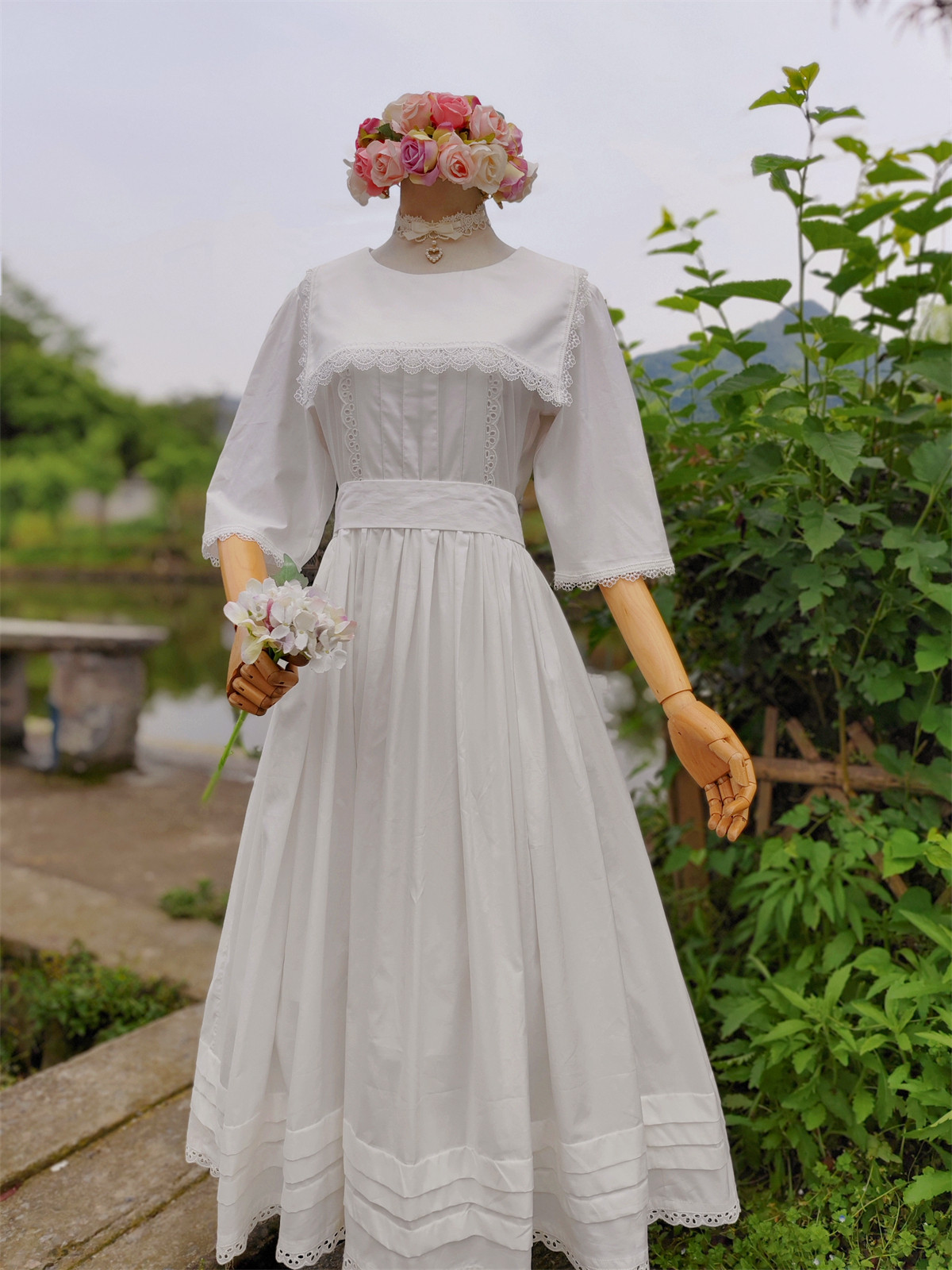 兔子大人｜手作服 贡缎棉vintage古着风白色复古海军领中袖连衣裙