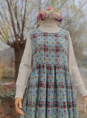 兔子大人｜手作服 复古加厚磨毛植绒蝴蝶结波点背心式格子连衣裙