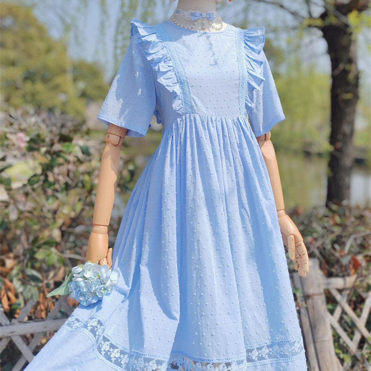 兔子大人|手作服 vintage复古蓝色立体圆点甜美木耳边口袋连衣裙