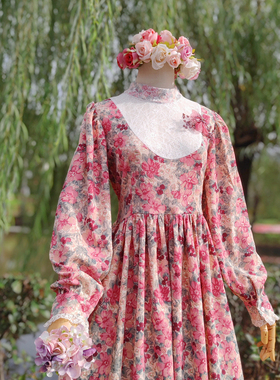 兔子大人｜手作服 甜美公主荷叶边复古蕾丝立领灯芯绒长袖连衣裙