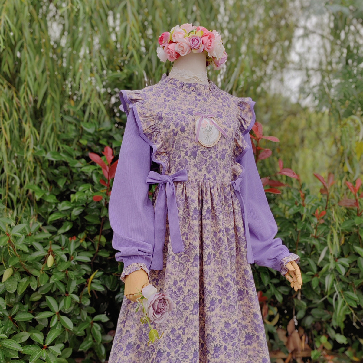 兔子大人｜手作服 vintage古着风甜美木耳边复古灯芯绒长袖连衣裙