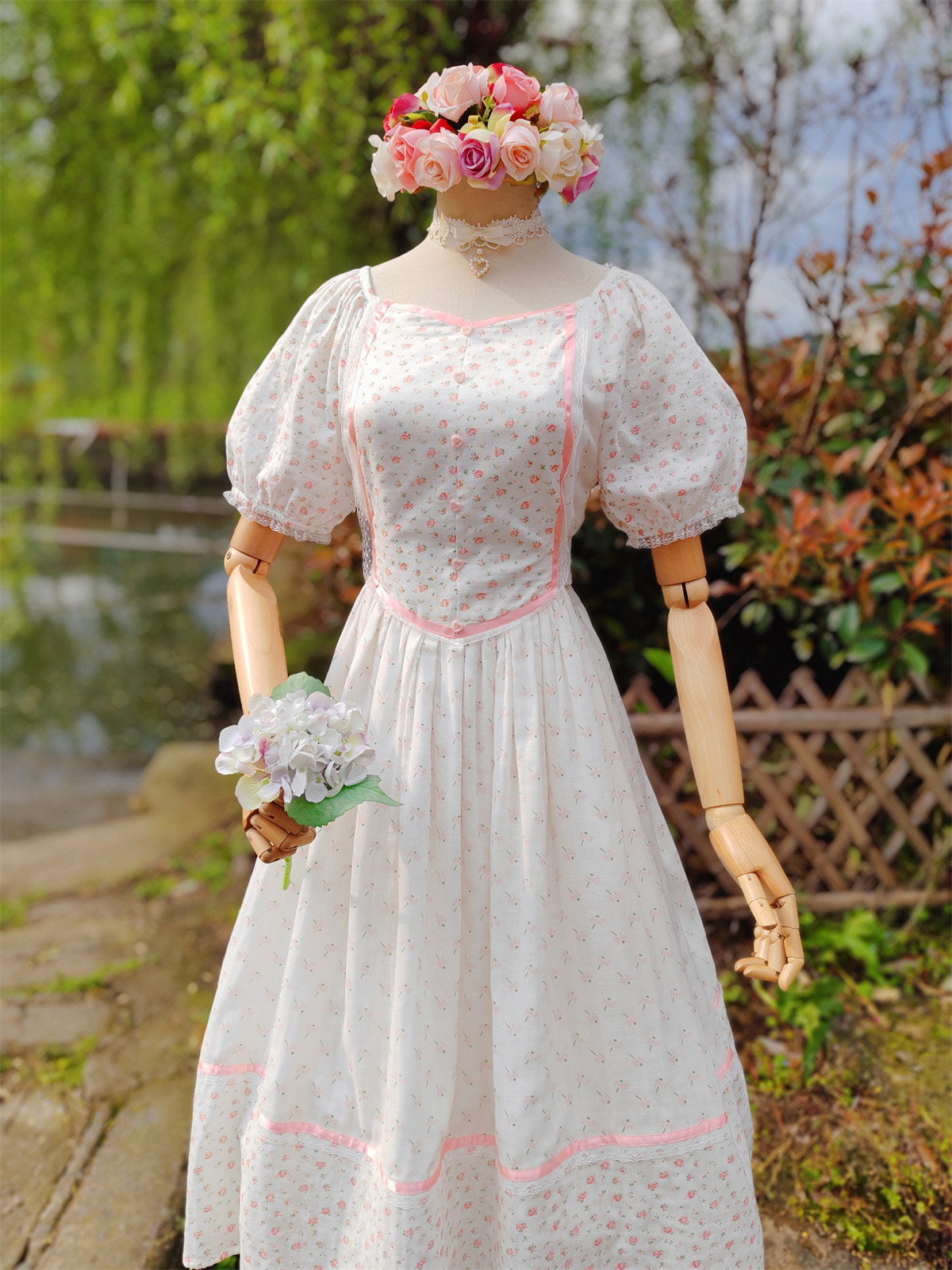 兔子大人｜自制手作服 vintage少女感抹胸式甜美短袖碎花连衣裙