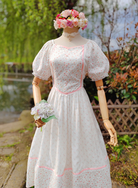 兔子大人｜自制手作服 vintage少女感抹胸式甜美短袖碎花连衣裙