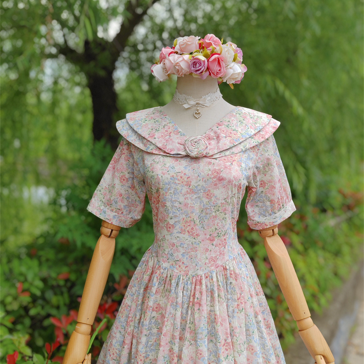 兔子大人｜手作服 vintage美式浪漫立体玫瑰花双层领洋装连衣裙
