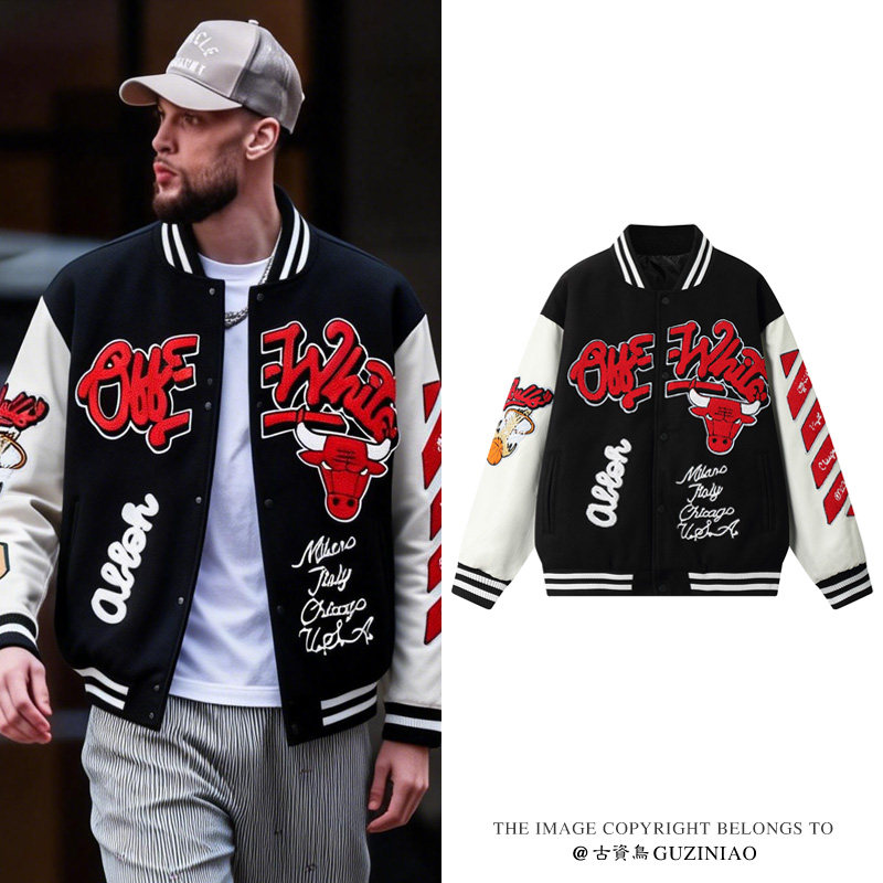 美式高街潮牌棒球服飞行员夹克公牛队刺绣青少年新款休闲外套男潮