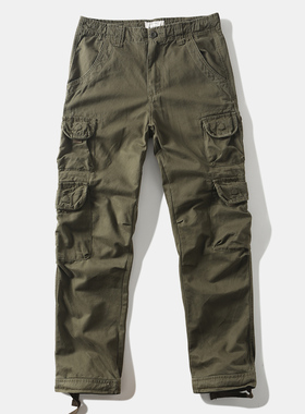 重磅美式复古工装裤多口袋军绿色休闲裤宽松直筒户外纯棉男有大码