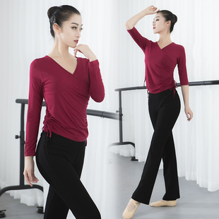 舞蹈服装练功服女V领上衣修身长袖直筒微喇裤演出形体训练服套装