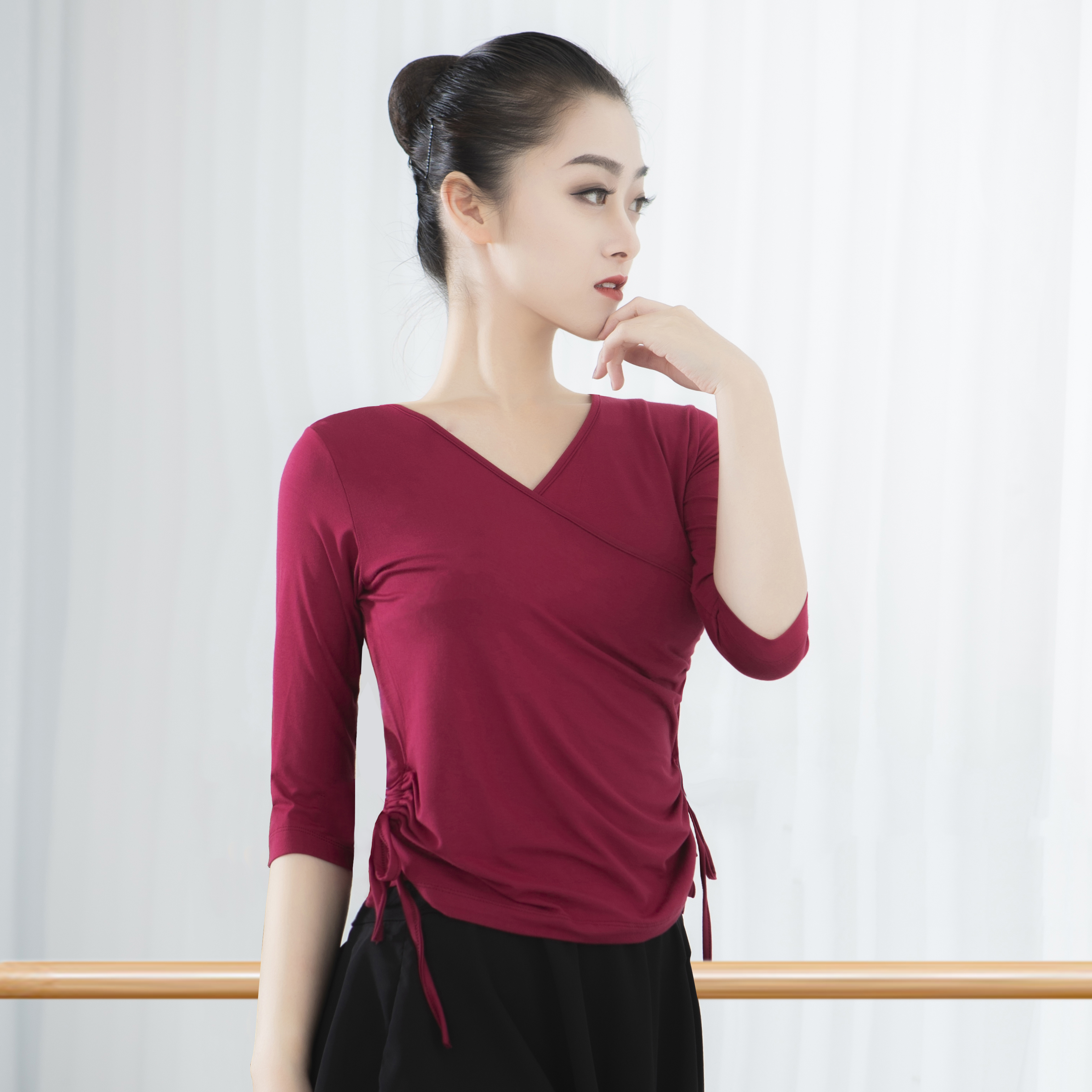 舞蹈服练功服女上衣V领秋冬长袖莫代尔黑色古典舞形体服训练套装