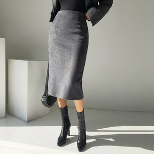 秋冬新款羊毛呢半身裙中长款高腰包臀裙过膝显瘦一步裙加厚呢子裙
