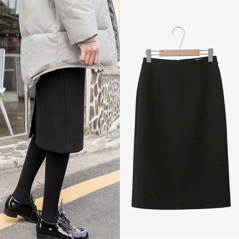 秋冬新款毛呢半身裙中长款高腰气质直筒裙开叉裙小A大码呢子裙