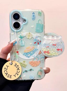 磁吸支架适用小米15/13U金鱼缸薄荷绿插画K80+手机壳红米Turbo3国际版k70/60/note12t/civi4pro软套poco女50e