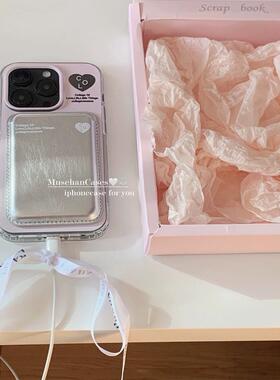ins磁吸卡包适用小米14/13U软10S手机壳红米Turbo3韩系粉色少女k70/60/note12t/civi4pro女款k40S/50银皮革软