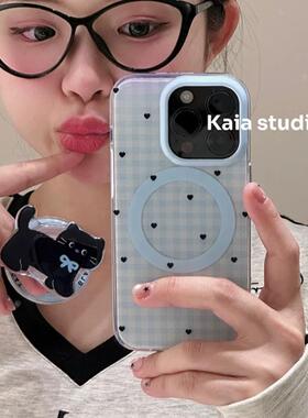 蓝色格子黑猫咪小爱心磁吸支架适用苹果16手机壳iPhone15少女款13/12防摔11PROMAX全包S/XR新品7/8软套14PLUS