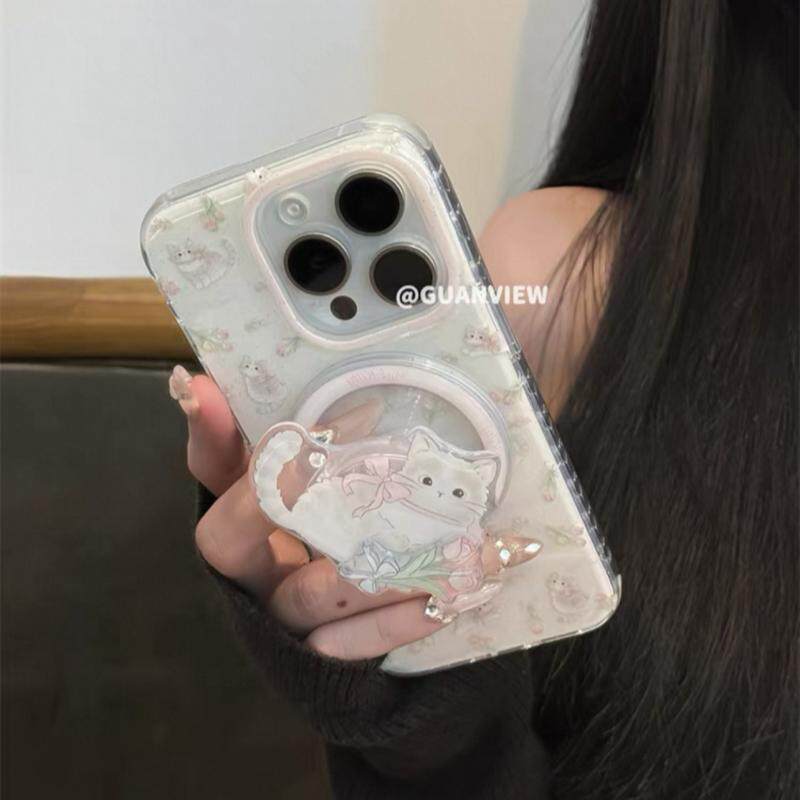 磁吸支架适用oneplus11一加12手机壳ace竞速版1+ACE5V早春郁金香乖巧小奶猫8t/10/9女7TPRO/9RT/6t软NordCE13