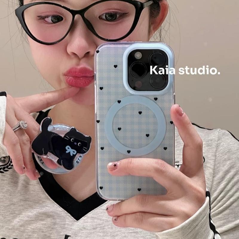 蓝色格子黑猫咪小爱心适用vivoiQOO12/11s/97手机壳neo10/8pro磁吸支架7Se/Z8/Z6女U3/5e全包Z5x新品Z1软套13