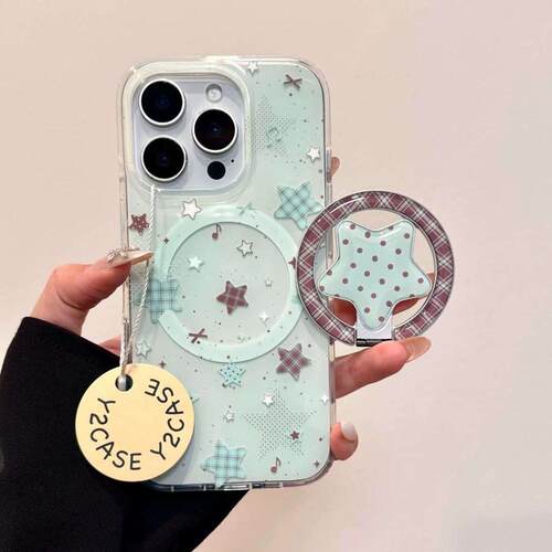 薄荷绿五角星格纹折叠磁吸支架适用苹果16手机壳iPhone15少女款13/12防摔11PROMAX全包S/XR新品7/8软套14PLUS