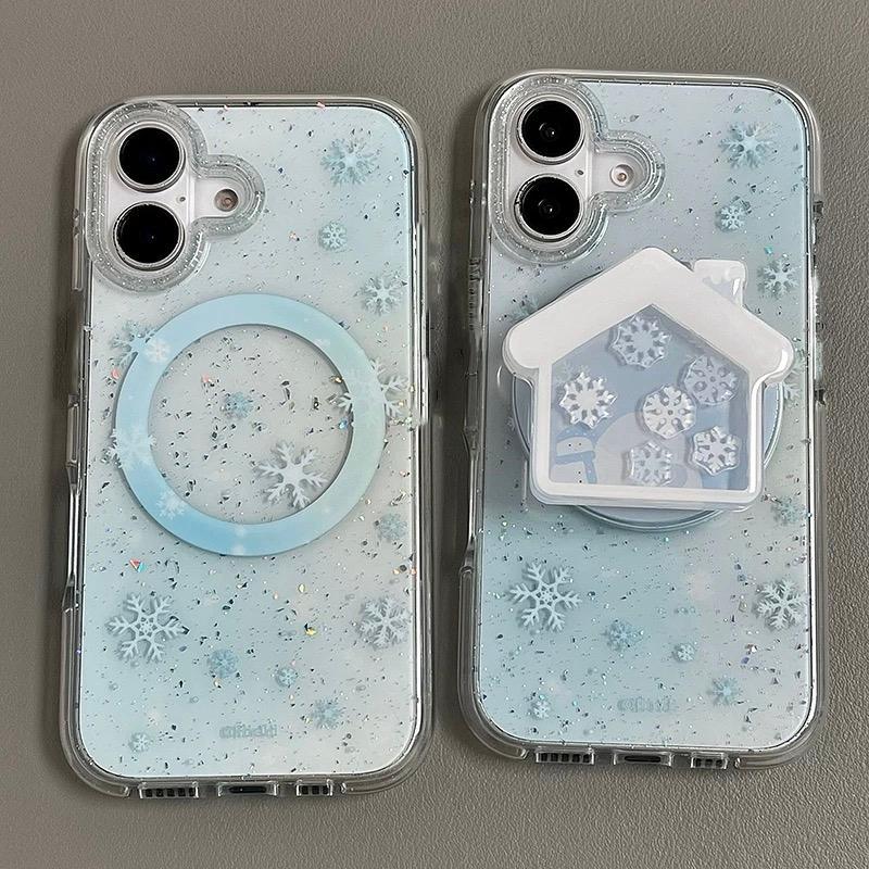 磁吸支架适用oppoA3/reno10/4se手机壳findx7/5pro冬日蓝色雪花雪屋简约A56/32/a57女K11x/97/93s软套8国际版