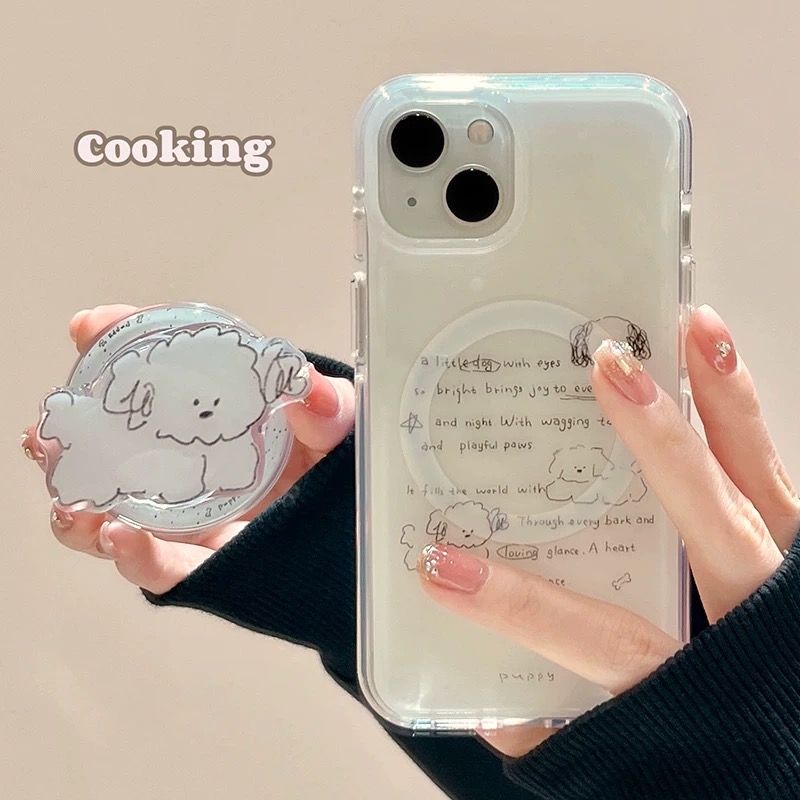 白色英文涂鸦小狗磁吸支架适用苹果16手机壳iPhone15高级感女13/12防摔11PROMAX全包边S/XR硅胶7/8软套14PLUS