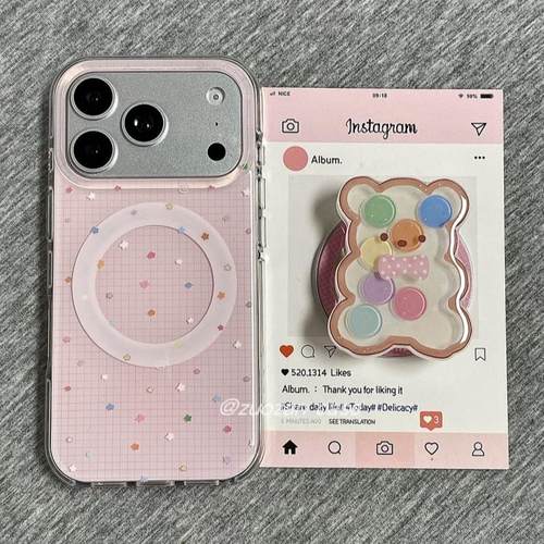 韩风粉色格子彩色星星磁吸支架适用苹果16手机壳iPhone15少女款13/12防摔11PROMAX全包S/XR新品7/8软套14PLUS