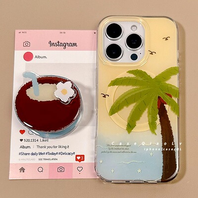 磁吸支架适用小米15/13U夏日旋转花花椰子树K80手机壳红米Turbo3新品k70/60ote12t/civi4pro软套40+少女50e