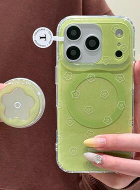 磁吸支架适用oneplus11一加12手机壳ace竞速版1+ACE5V小清新绿色线条花朵8t/10/9女7TPRO/9RT/6t软NordCE13