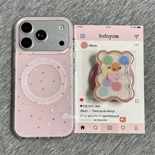 磁吸支架适用vivoX100/30/60/x70/y78手机壳X90韩风粉色格子彩色星星y76s女S18e/X200/15PRO国际版Y33/mini软
