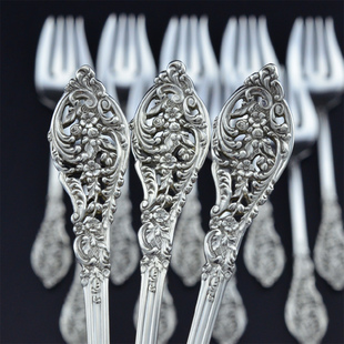 Lace款 美国银餐具 Florentine 镂花浮雕 Reed&Barton纯银色拉叉