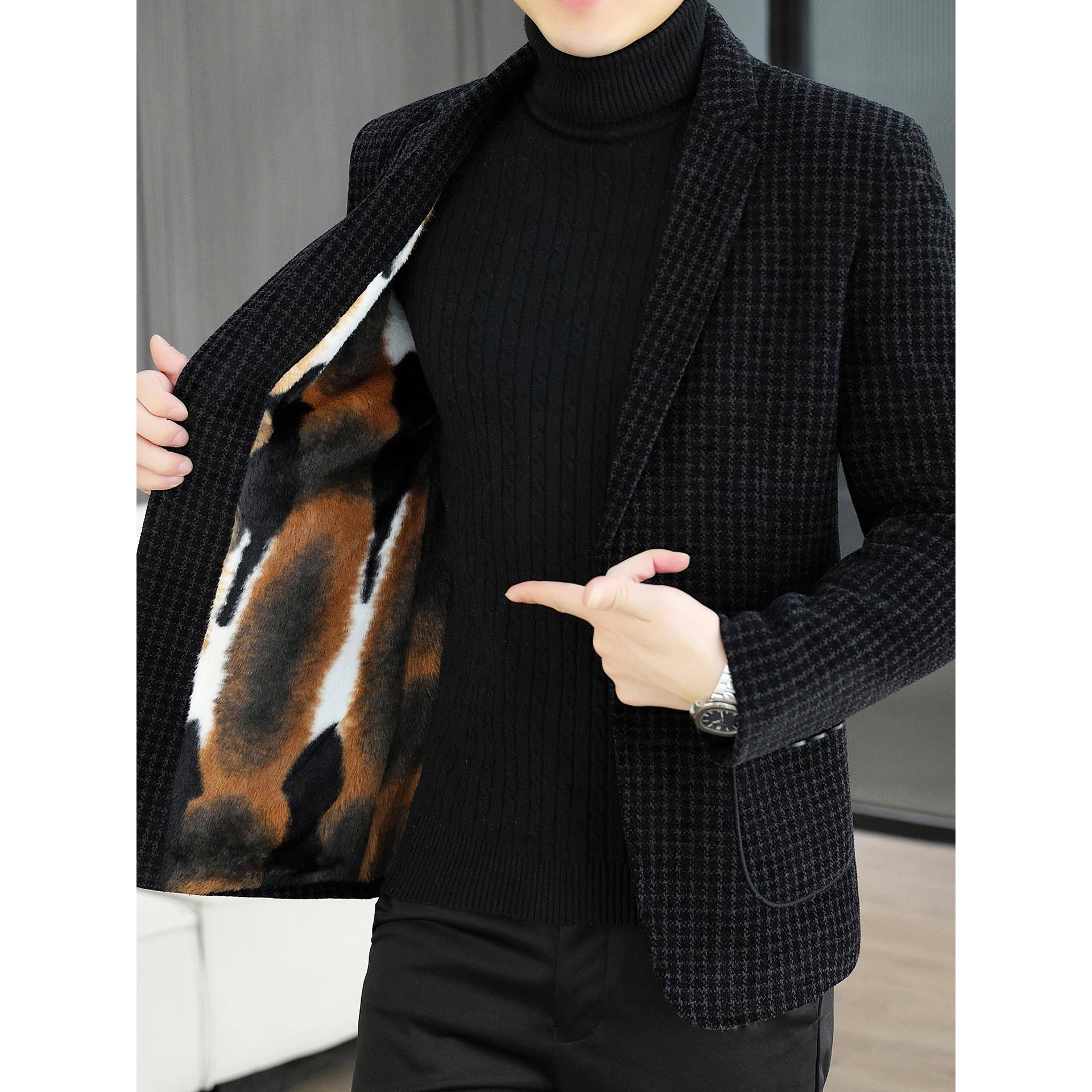 高级感毛呢西装外套男士2025新款秋冬加绒加厚呢子男装保暖1120e