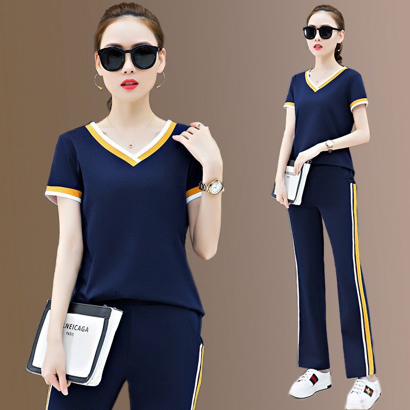 夏季运动套装女士新款时尚v领短袖t恤阔腿裤休闲服大码高端0328y