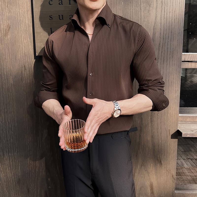 秋冬季男士新款暗条纹法式V领衬衫男长袖感商务休闲修身一片1025n