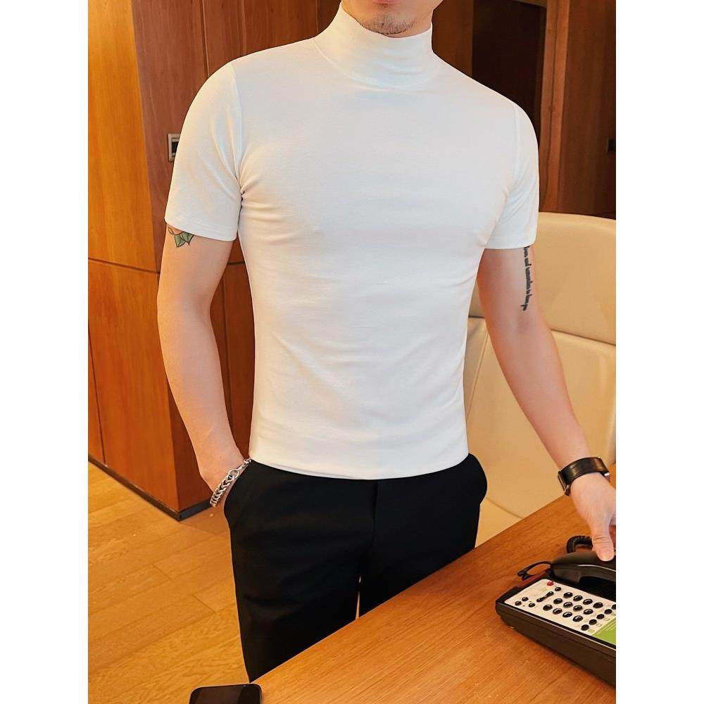 高领短袖男打底衫高级感纯色弹力修身紧身圆领中领袖T恤男装0112e,男装,T恤,淘宝优惠券,粉丝福利购,淘宝优惠卷