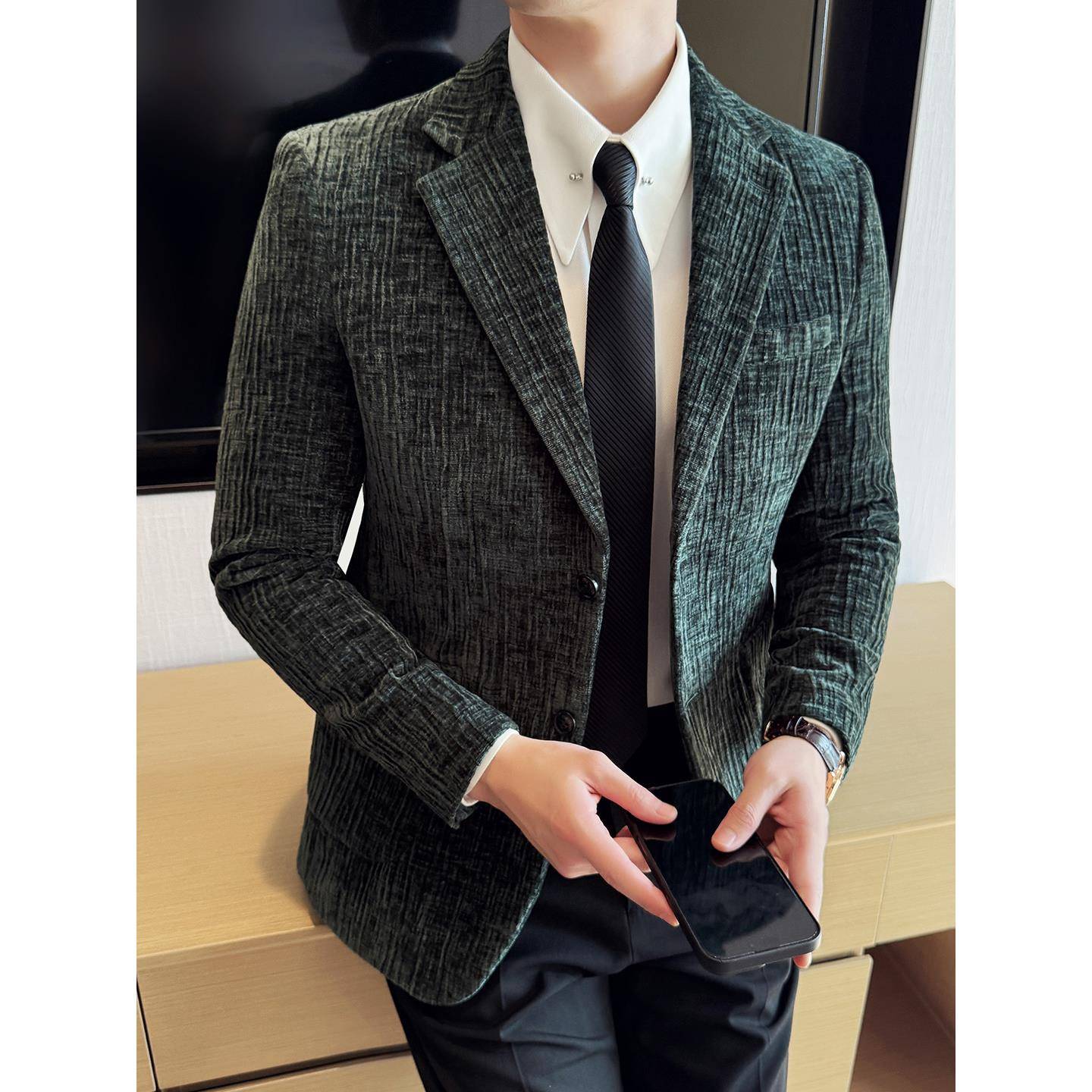 秋冬季新款男士韩版修身西服褶皱时尚休闲西装外套1212n