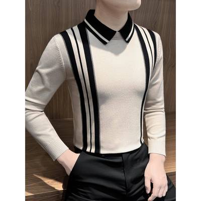 衬衣领假两件针织衫男2025新款毛衣内搭打底衫可外穿秋冬长1204e