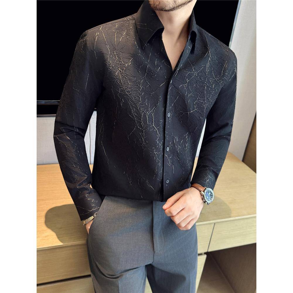 秋冬季男士新款个性暗花纹衬衫男长袖感修身韩版英伦休闲法1025n