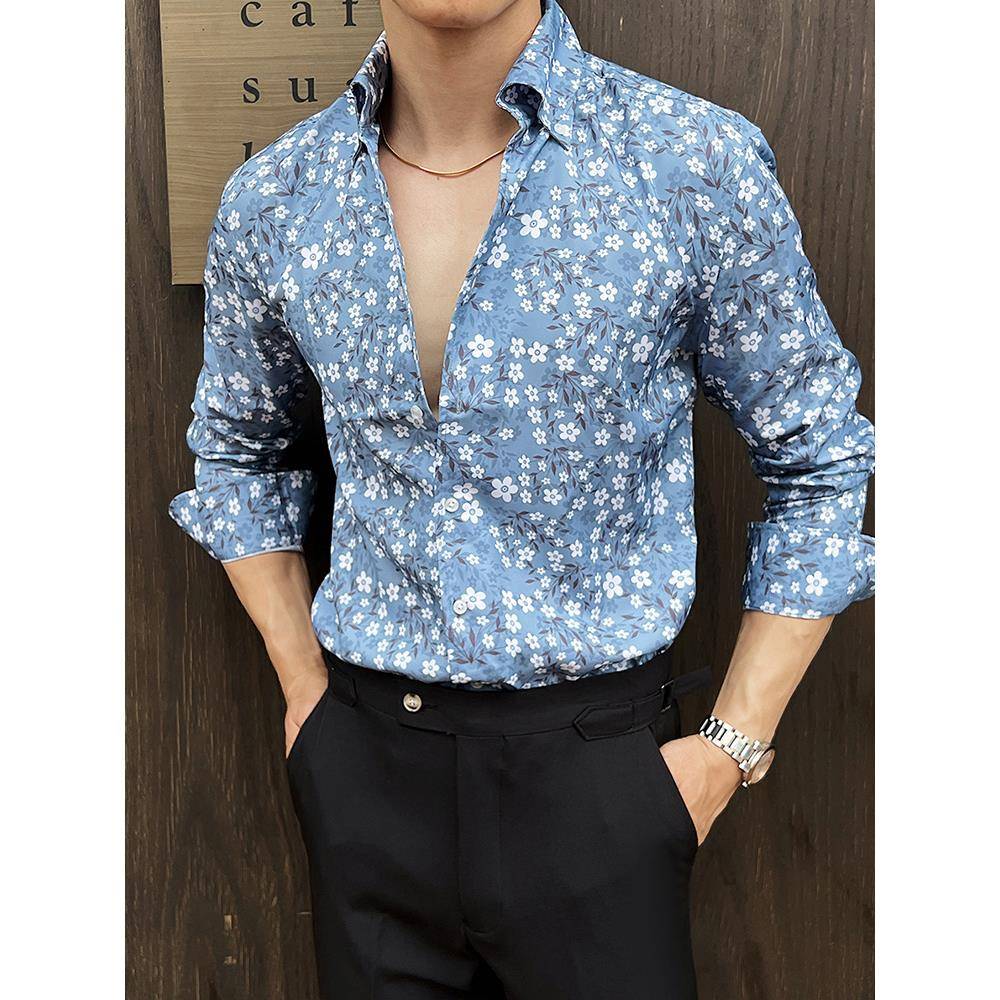 法式V领印花衬衫男长袖秋新款潮流时尚高级感商务休闲皱衬衣1108u