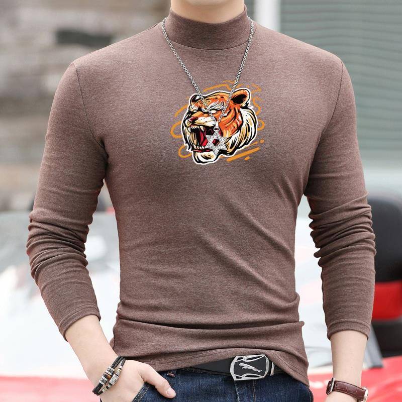 秋冬加厚保暖印花上衣高领打底衫年大码长袖T恤男潮新款1028u