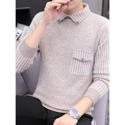 男士两件套头毛衣春秋时髦条纹针织衬衫时尚品12313e