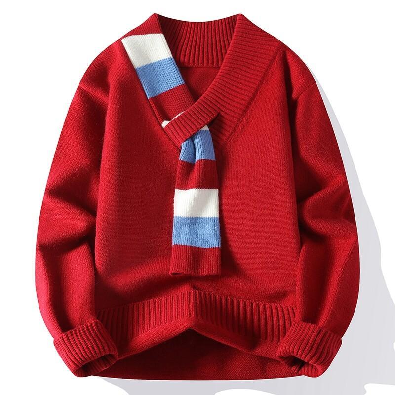 红色毛衣男秋冬季加厚保暖痞帅卫衣小众设计感围巾V领针织打1215u