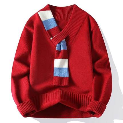 红色毛衣男秋冬季加厚保暖痞帅卫衣小众设计感围巾V领针织打1215u
