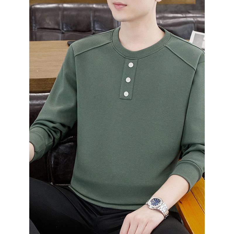 秋冬长袖t恤男士新款圆领带扣子打底衫简约时尚潮流体恤小衫1117u