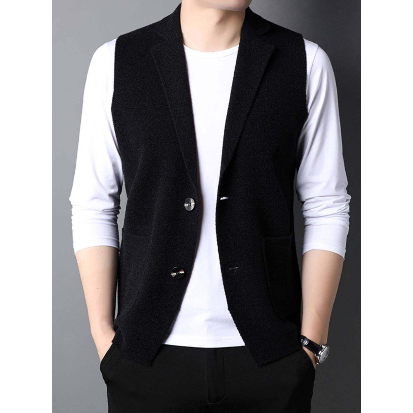 秋季翻领纯色开衫毛衣男西装领背心双面绒毛马甲抓绒针织衫1215u