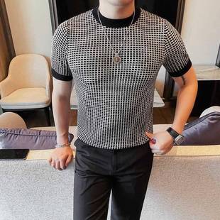 高级感针织衫 男士 千鸟格毛衣男2025英伦风修身 短袖 打底t0617r 夏季