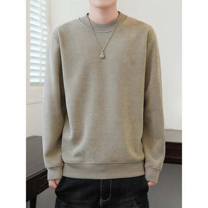 纯色圆领天加厚针织衫男士新潮秋冬新款全合一天保暖内针织1215u