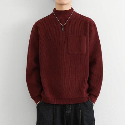 本命年红色毛衣男秋冬季高领针织衫男中领内搭高级感毛线线1215u