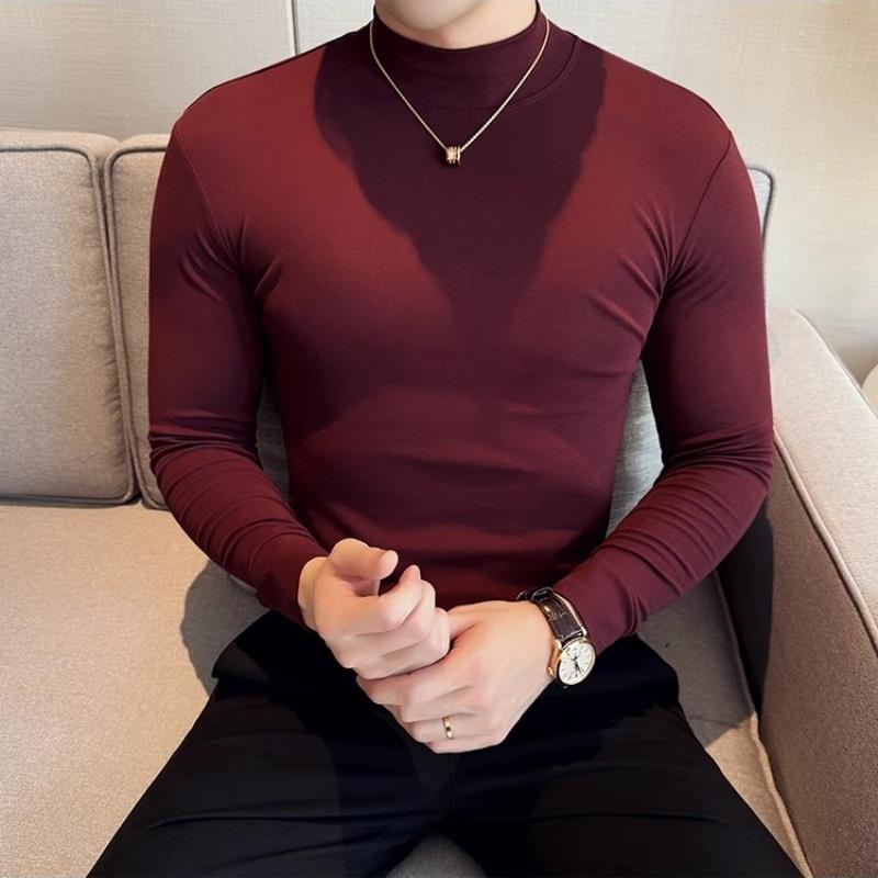 秋冬中领打底衫男高级感纯色弹力紧身修身高领长袖T恤圆领薄1028u